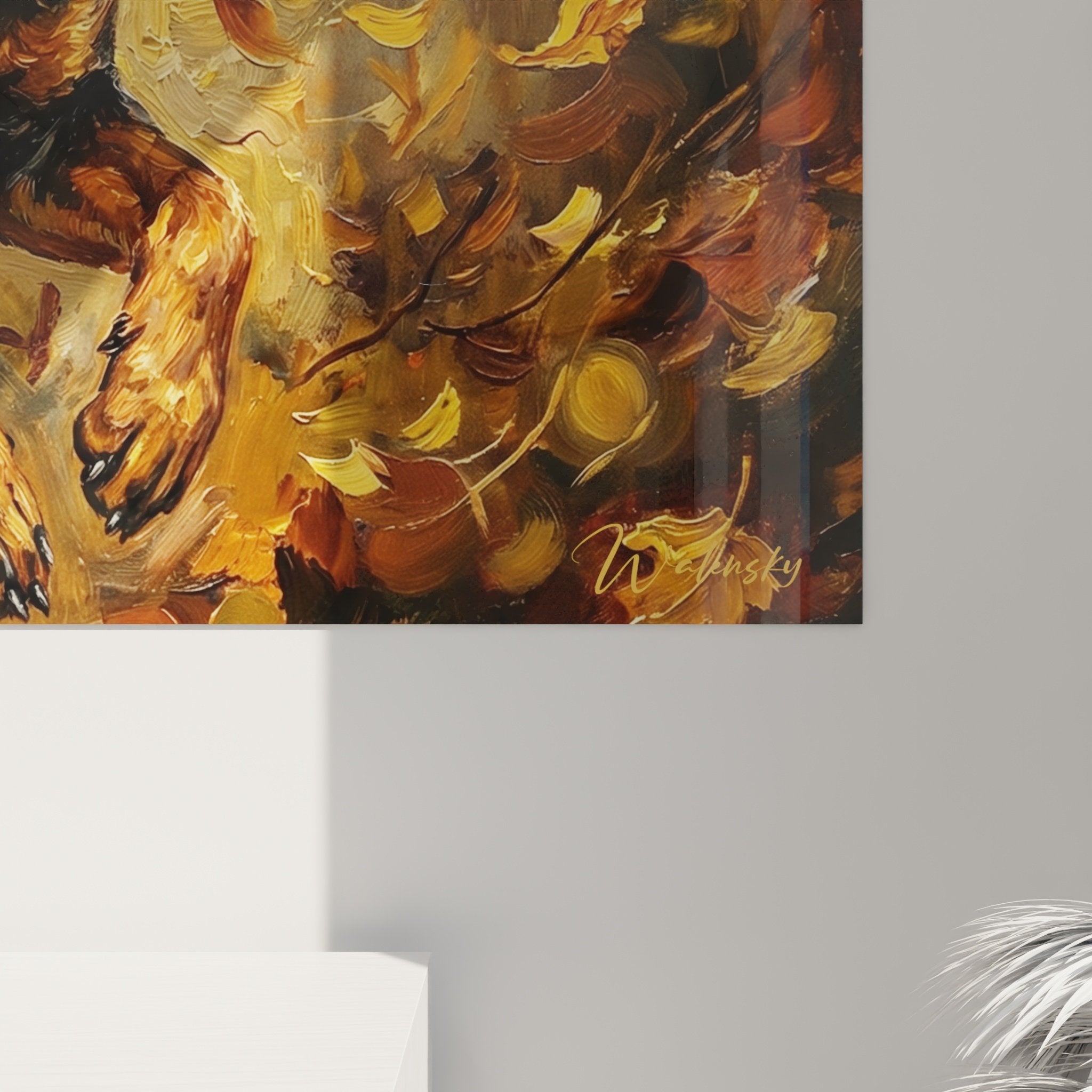 Vue perspective tableau Rottweiler feuillage doré éclairage ambiant décoration intérieure