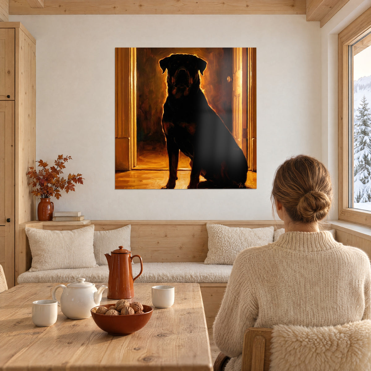 Quadro mastino nero di fronte, contorno di luce arancio sulle orecchie, parquet color miele; una donna con chignon morbido di spalle, tavolo da chalet