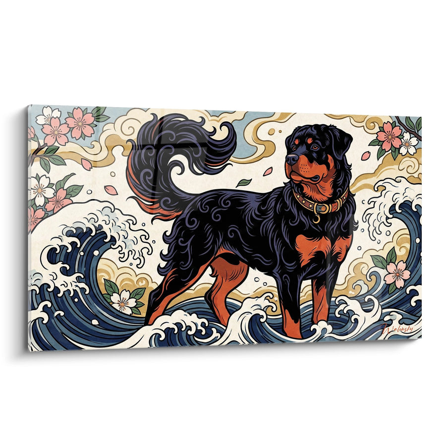 Tableau Rottweiler Noir et Feu sur Vagues Stylisées - Puissance Océanique - Edition Rottweiler