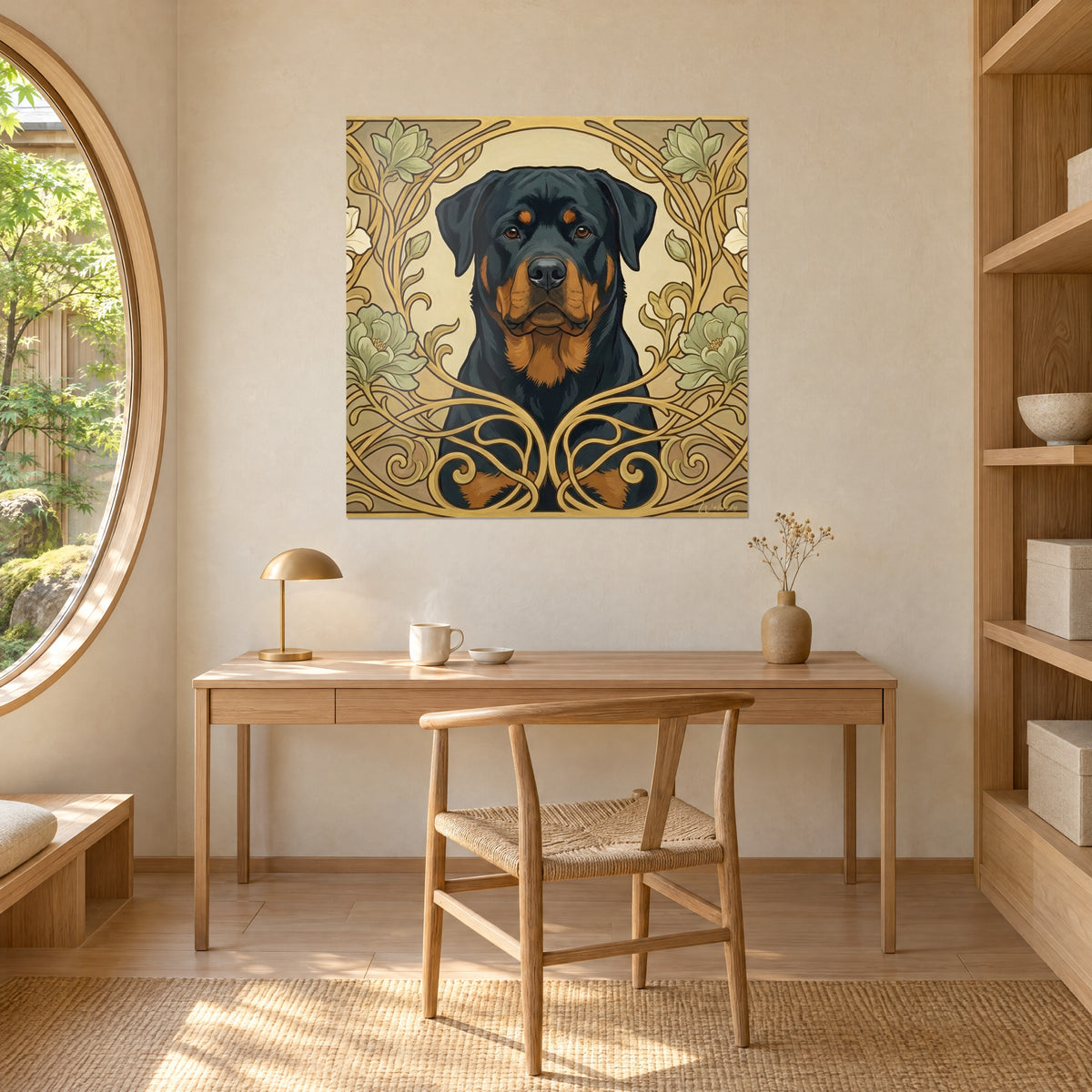 Gemälde majestätischer Rottweilerkopf, goldgelbe Arabesken und zartgrüne Blüten, über einem hellen Holzschreibtisch mit Lampe