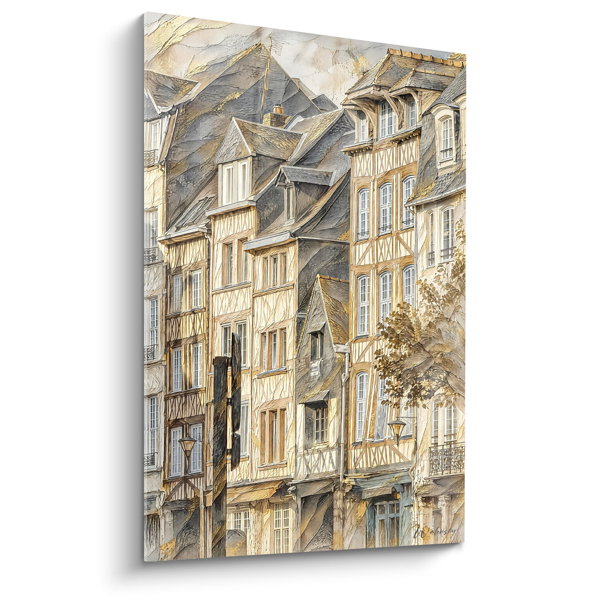 Tableau façades à colombages ocre et gris, rendu aquarelle, style ancien de Rouen Normandie France