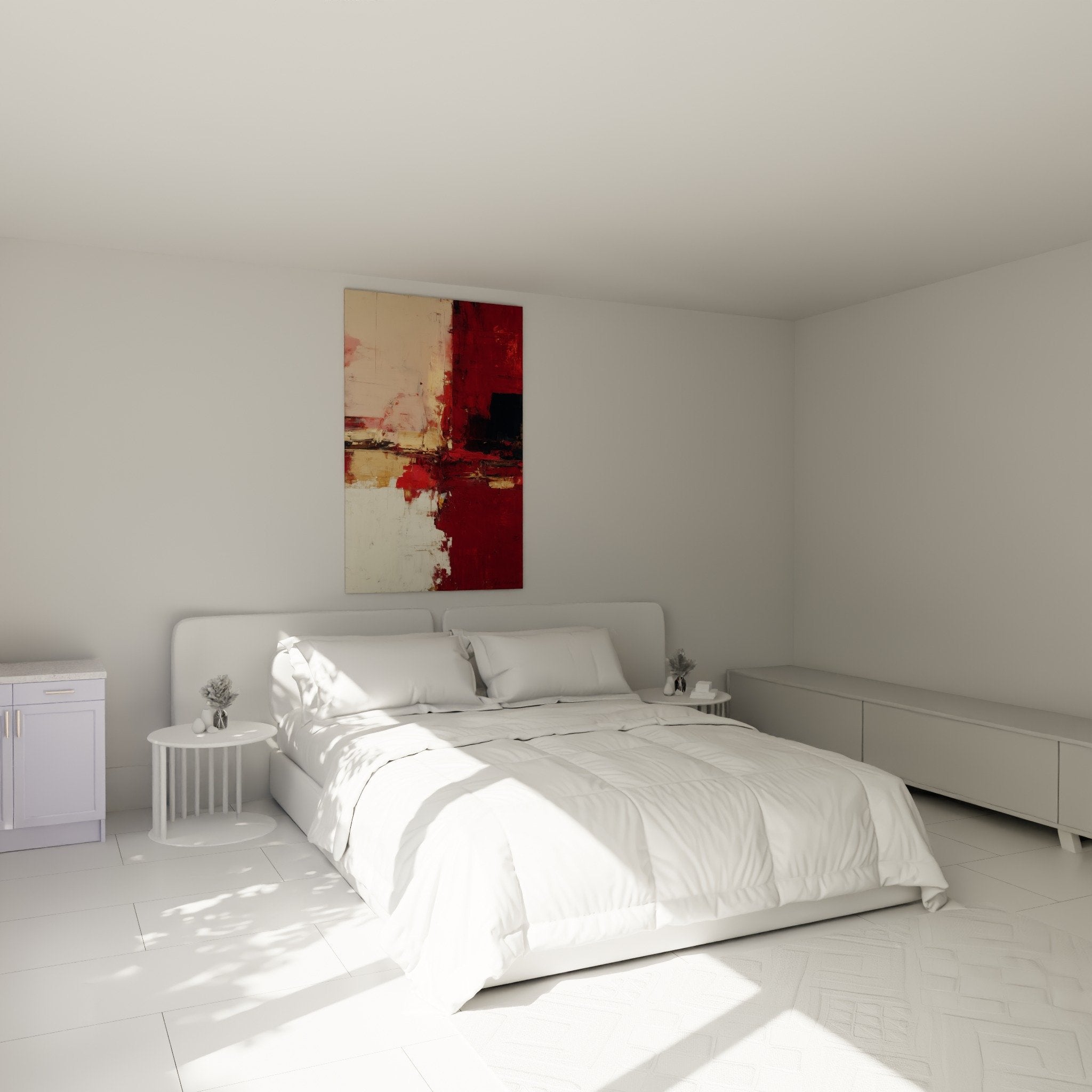 Abstraktes Gemälde in Burgunderrot im modernen Schlafzimmer, warme Atmosphäre, Wanddekoration Feng Shui