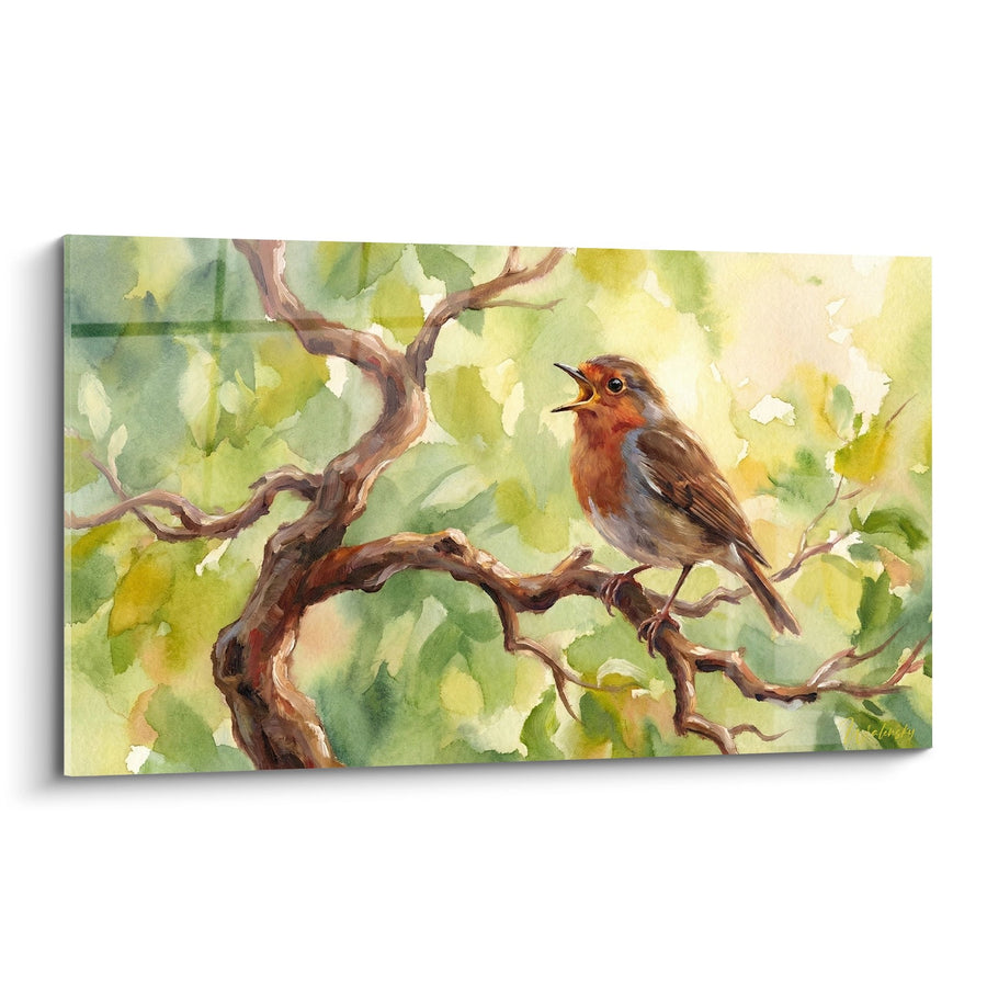Tableau Rouge-gorge Aquarelle sur Branche de Bonsaï Nuances Vertes et Dorées - Chant Matinal - Edition Bonsaï