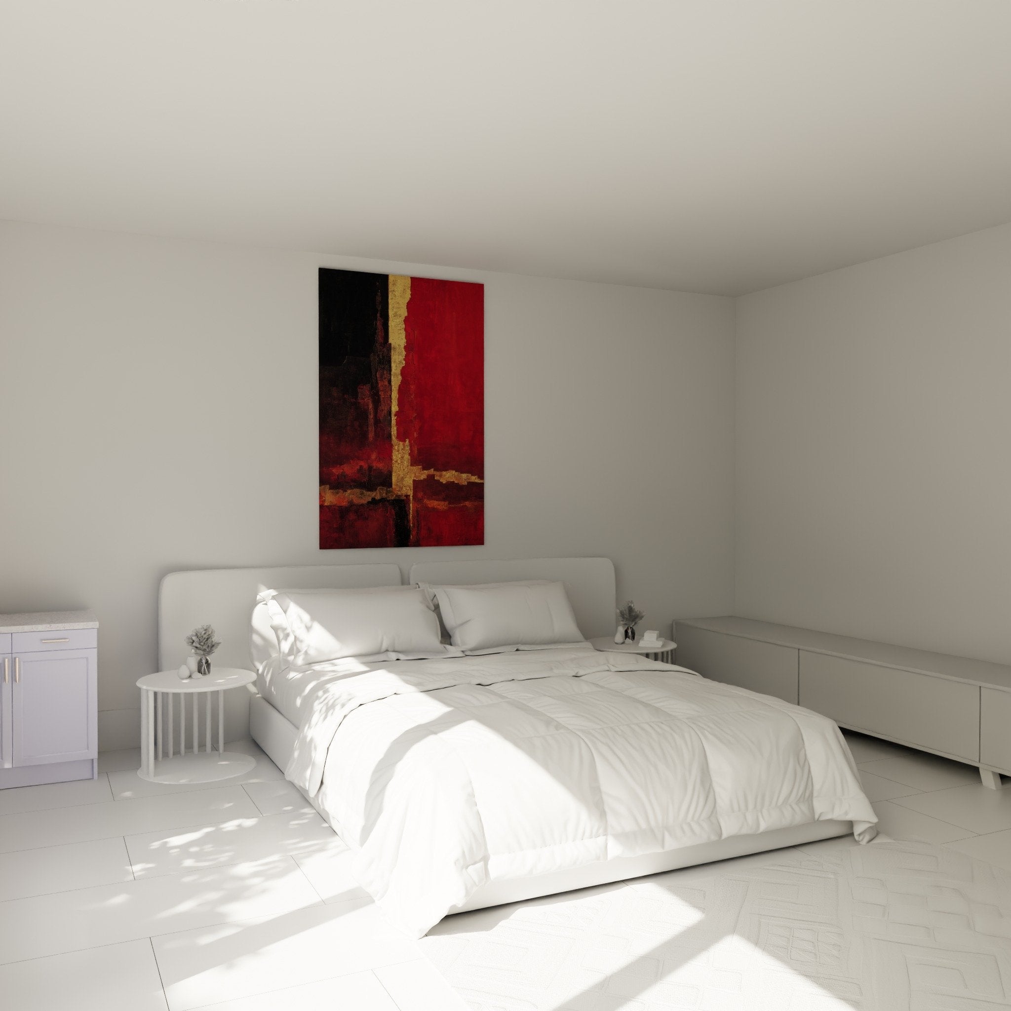 Rotes und goldenes Gemälde im modernen Schlafzimmer, abstrakte Wanddekoration mit warmen Feng-Shui-Südfeuer-Tönen