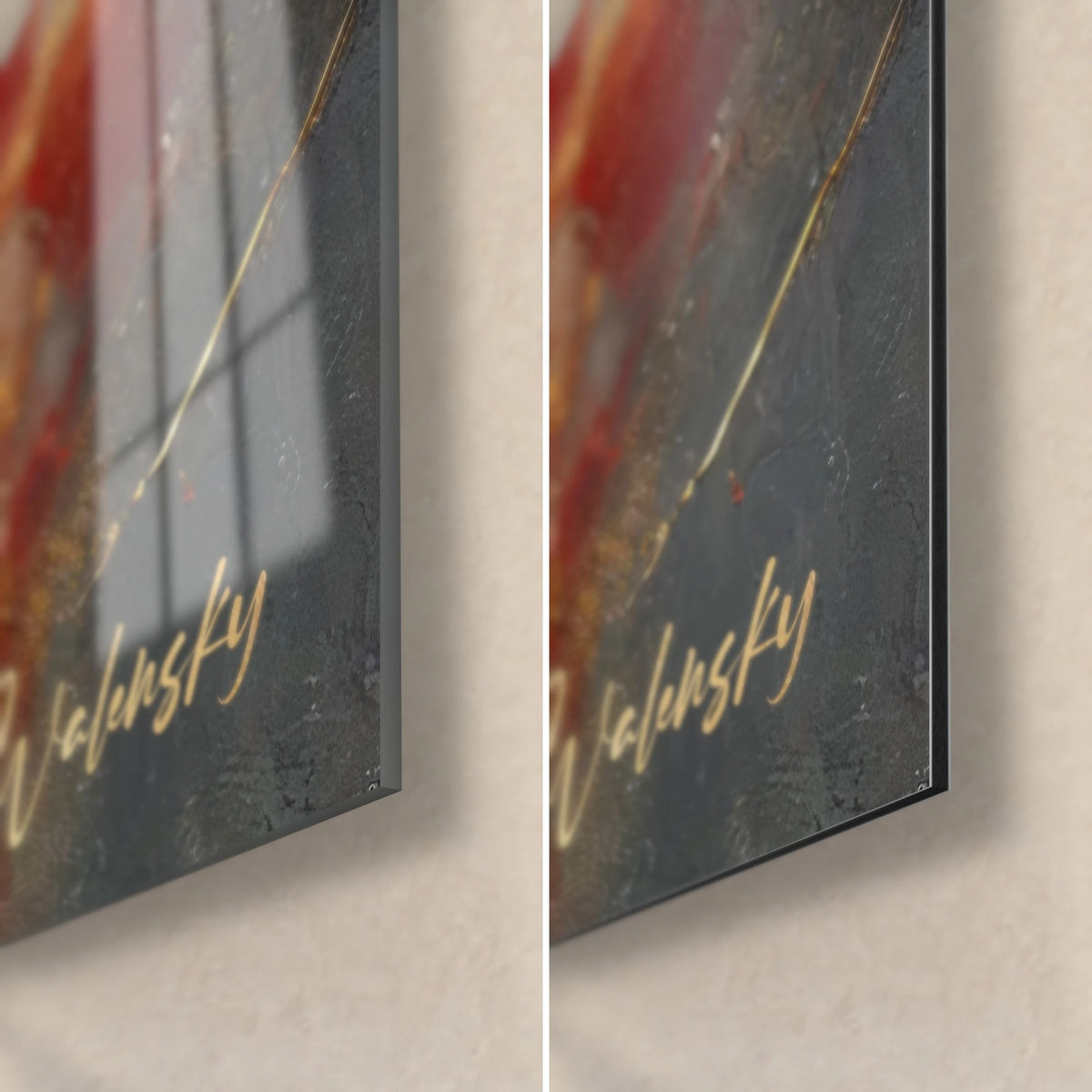 Schilderij met een veld rode bloemen, rechtsonder: glanzend acrylglas dat het licht weerkaatst, mat zwart Dibond-aluminium, rand van 3 mm