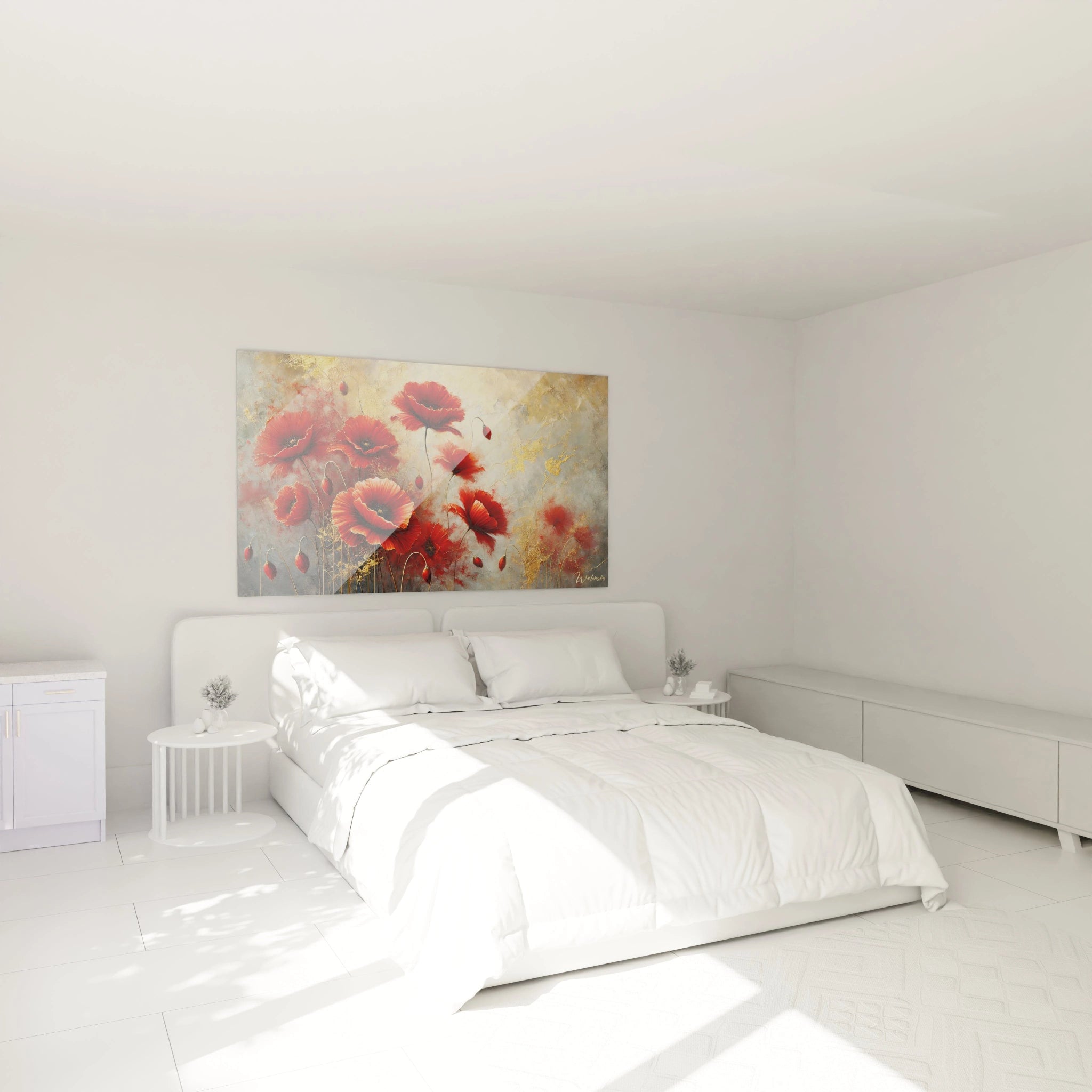 Ce tableau Fleur au-dessus du lit transforme la chambre en un sanctuaire vivant. Les coquelicots rouges et touches dorees ajoutent chaleur et puissance a l'ambiance.


