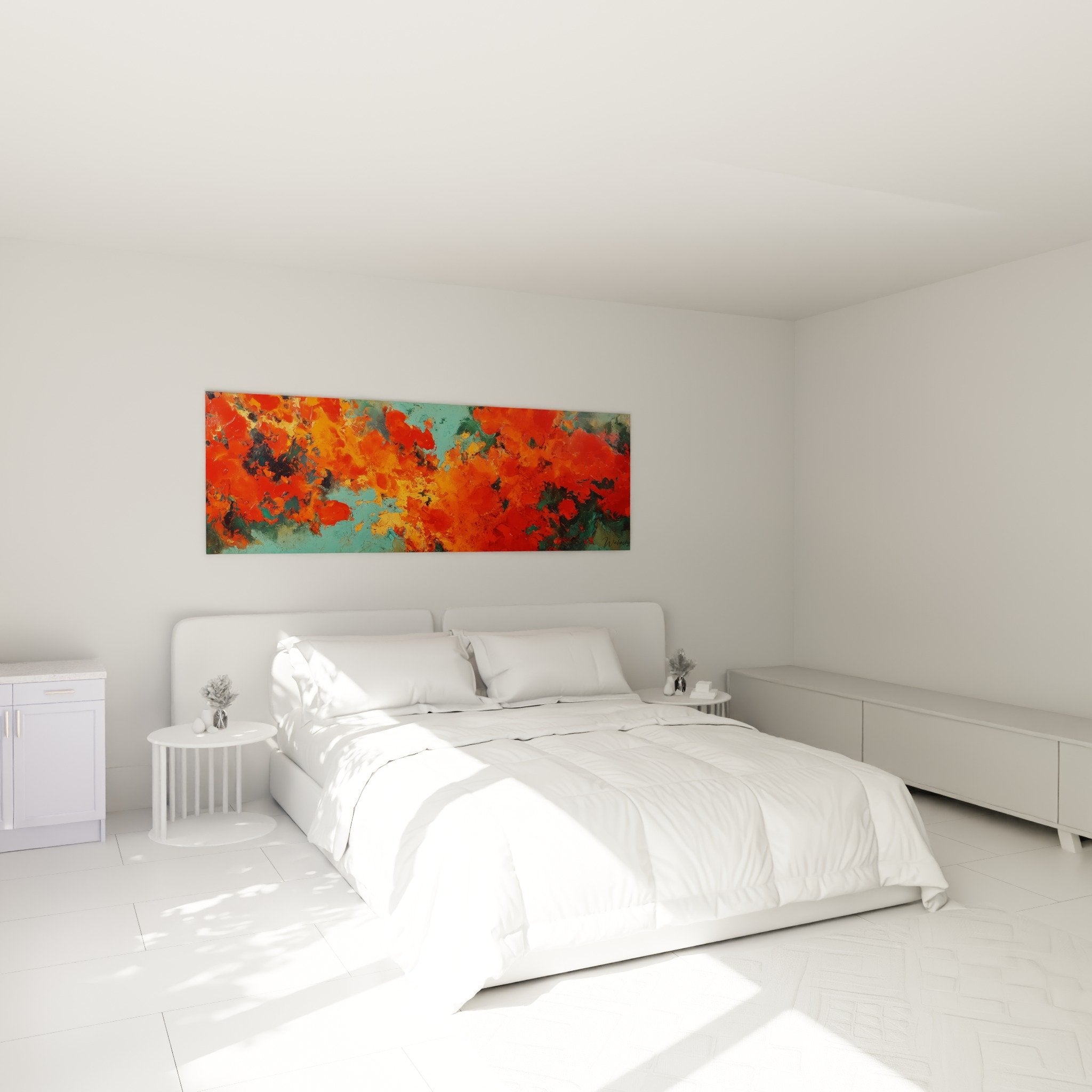 tableau abstrait rouge turquoise dans chambre moderne decoration murale feng shui sud feu ambiance contemporaine
