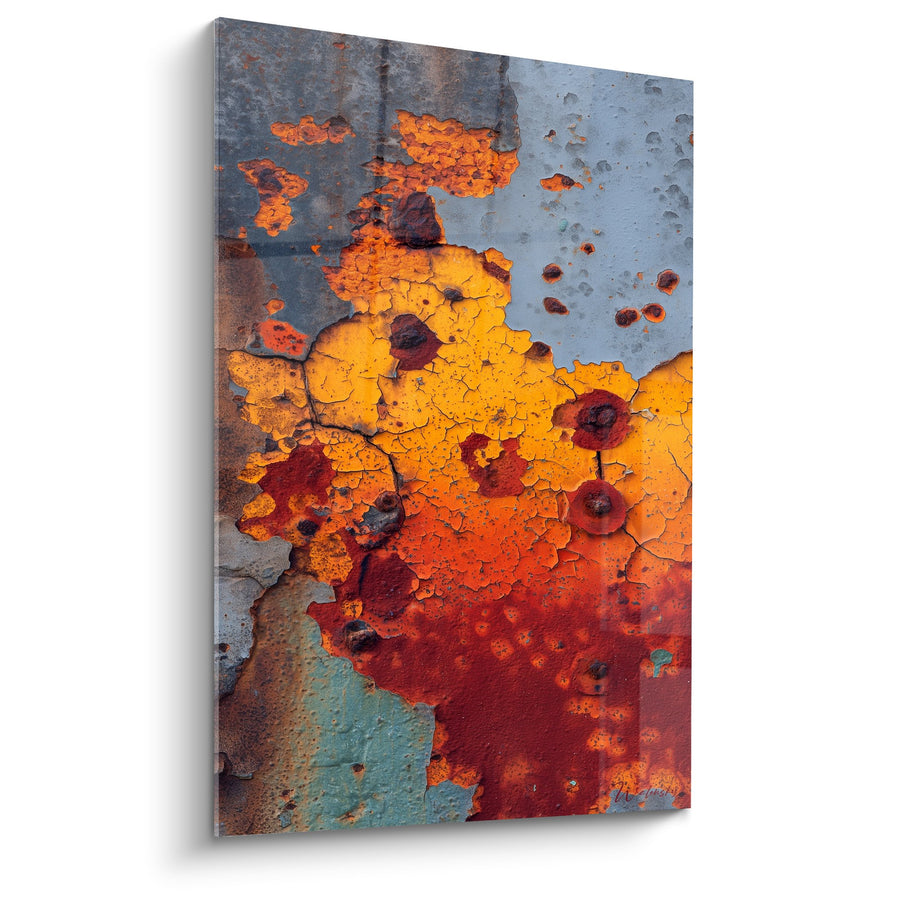 Tableau Texture Rouille Orange et Rouge sur Métal Patiné - Alchimie du Temps - Edition Feng shui Sud Feu