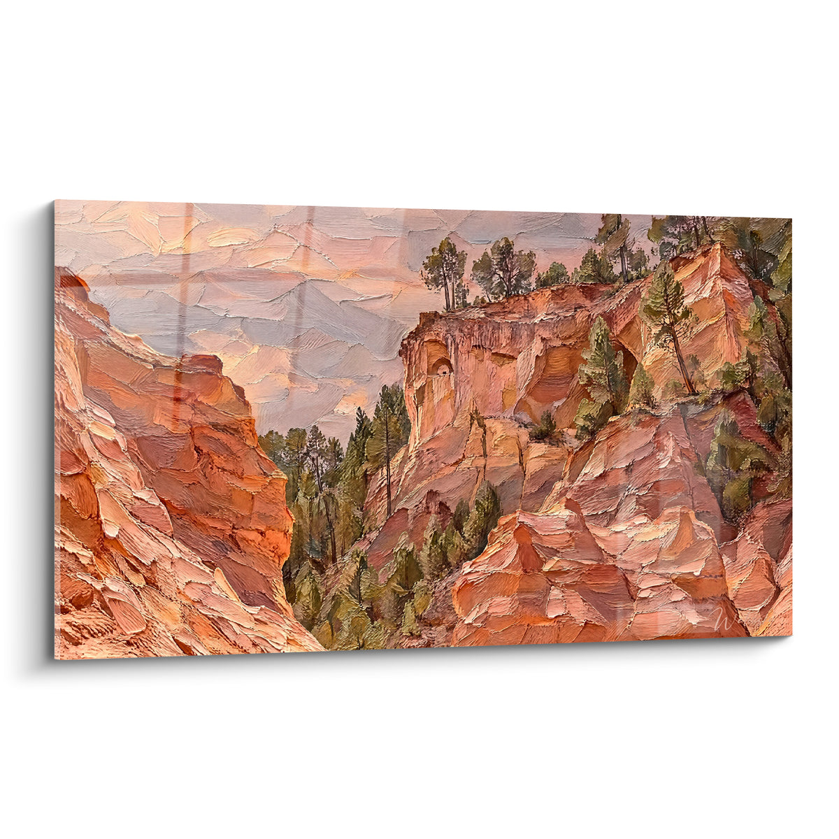 Wall art of ochre and terracotta canyon painted with a palette knife, scattered green pines on a cliff under a pastel pink sky.
