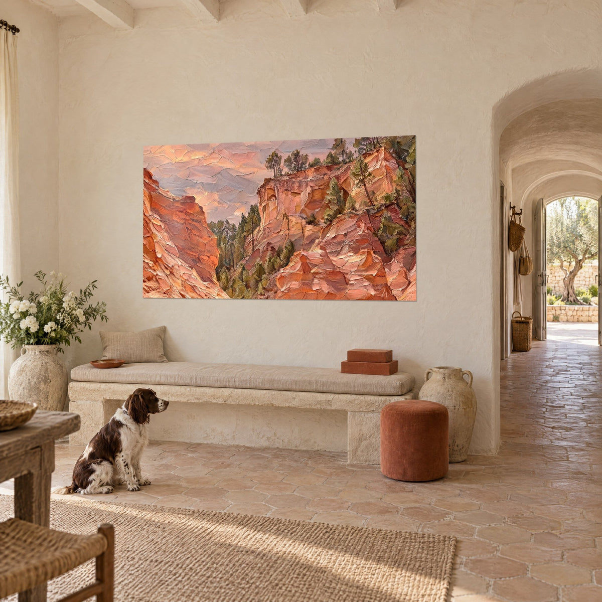 Wall art of orange clay canyon with scattered pines and lilac sky, a spaniel sitting in front, Provençal farmhouse