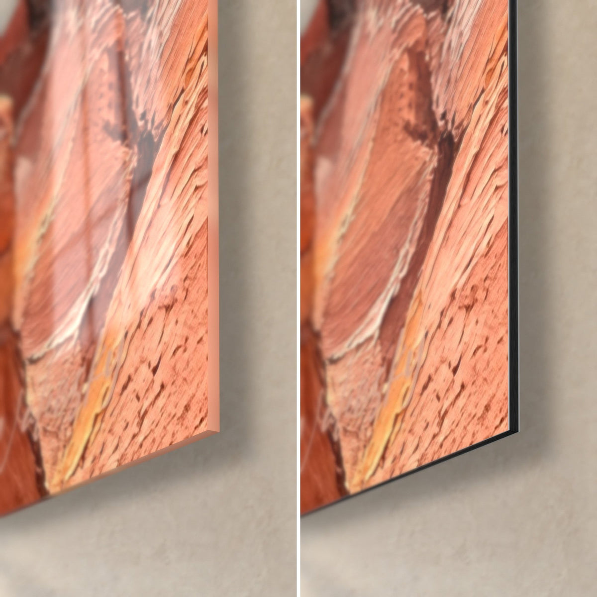 Wall art of orange and pink rock face in palette-knife strokes, bottom right corner: glossy glass on the left, matte Dibond on the right