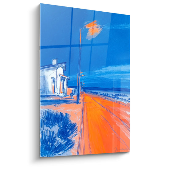 Modernes Gemälde einer Wüstenstraße in Blau- und Orangetönen mit Palmen und Gebäude