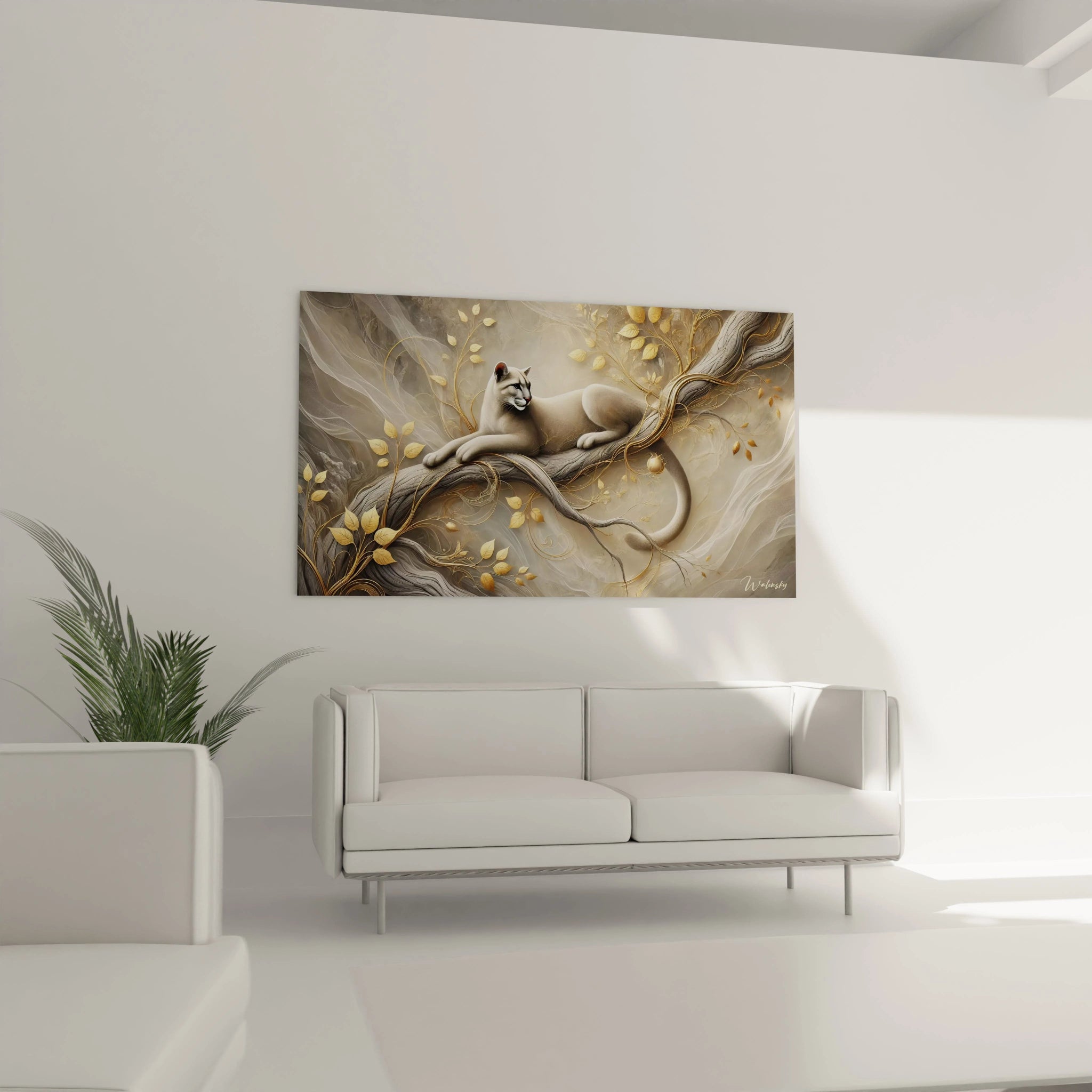 Tableau puma dans un salon : positionne au dessus du canape, ce tableau apporte une touche de calme et d'elegance au decor avec son melange de beige, gris et or, mettant en valeur le pelage soyeux du puma.

