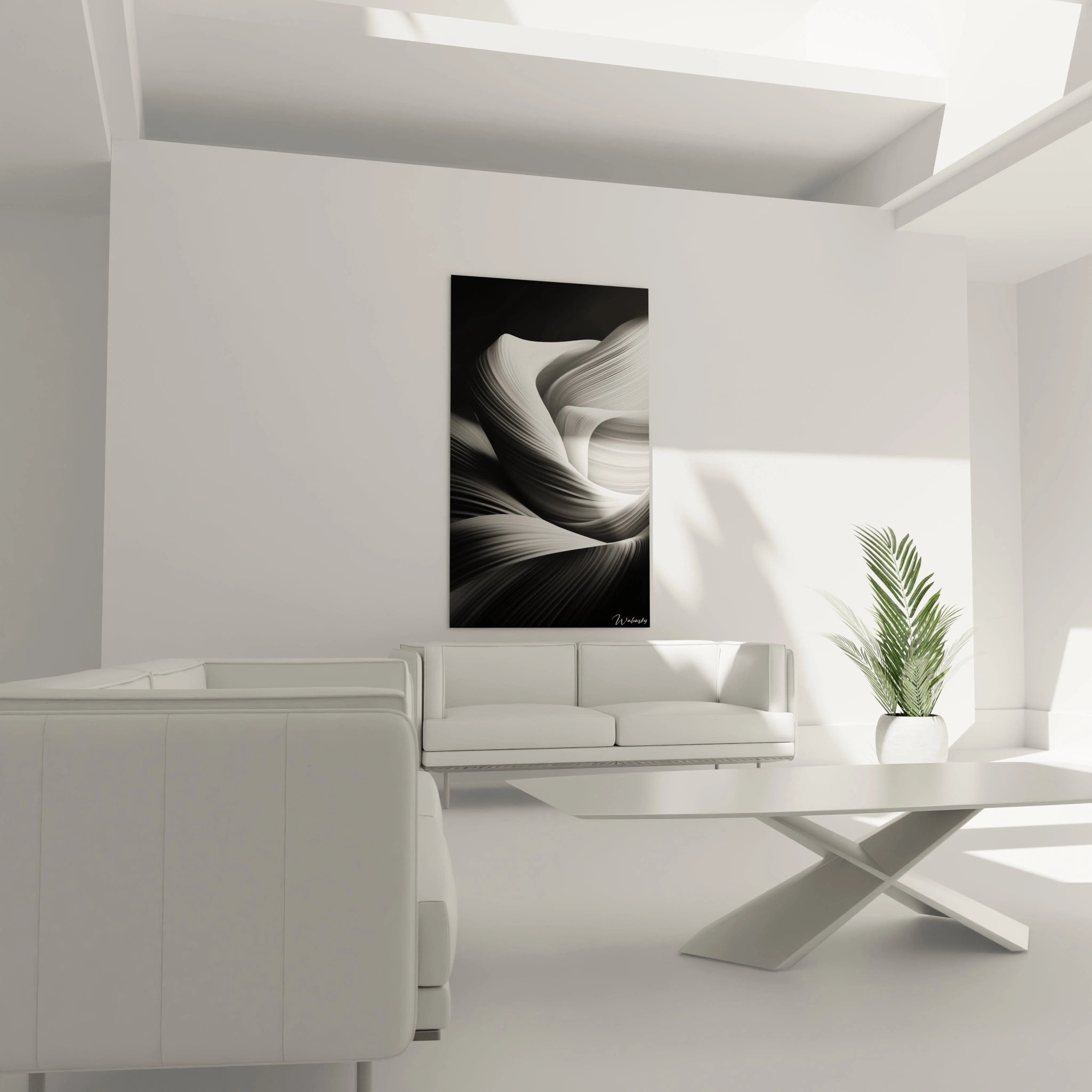Un tableau minimaliste de rayures noir et blanc présentant des formes organiques en mouvement. Composition dynamique aux courbes fluides, texture striée délicate formant des vagues superposées, jeu d'ombre et de lumière créant une sensation de volume.
