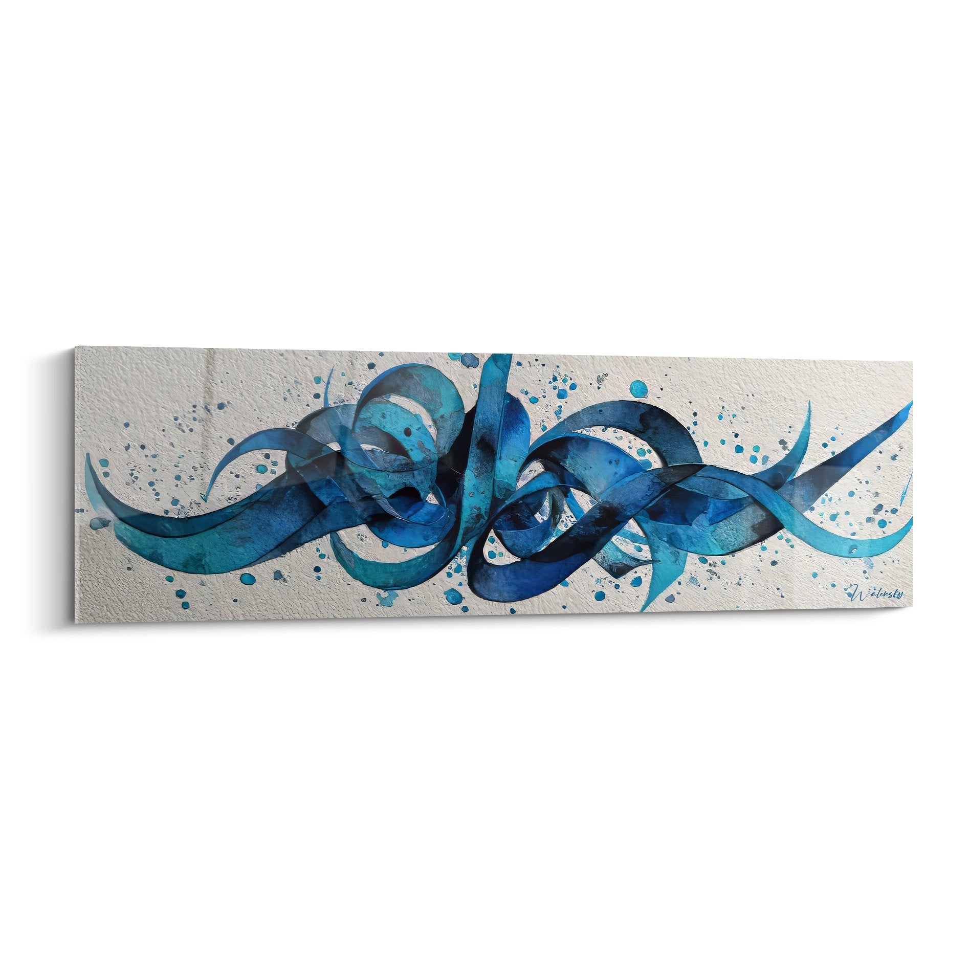 Tableau mural rubans fluides bleus ondulants sur fond beige, art abstrait contemporain décoratif