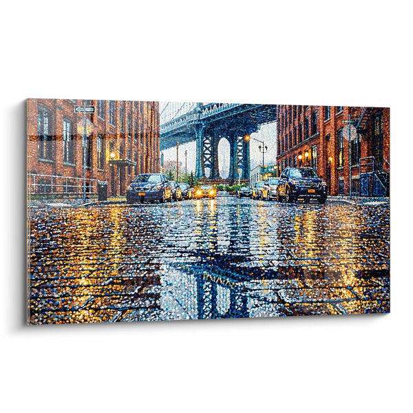 Cuadro calle empedrada bajo la lluvia reflejos dorados y azules - Luces urbanas - Edición Brooklyn