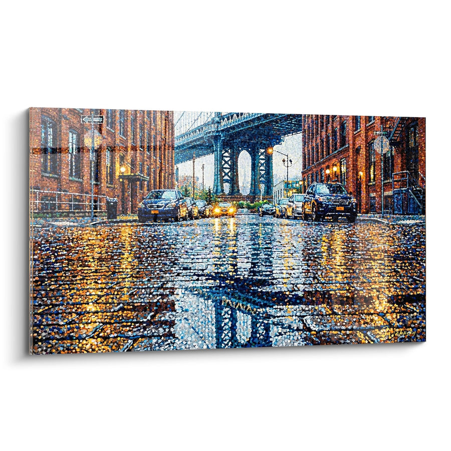 Tableau rue pavée sous la pluie reflets dorés et bleus - Lumières urbaines - Edition Brooklyn