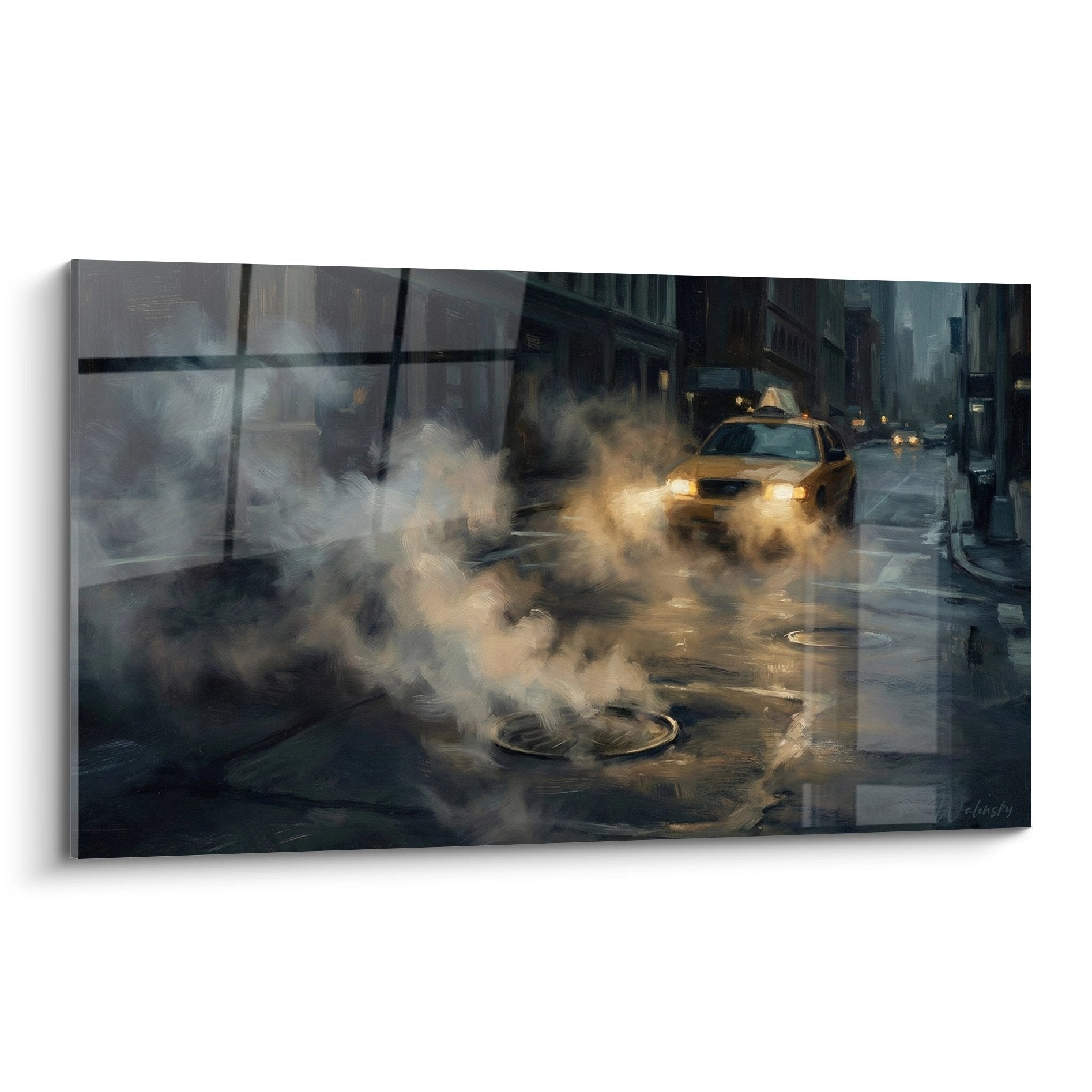 Tableau rue urbaine nocturne sous la pluie avec taxi jaune et vapeurs blanches atmosphere Manhattan