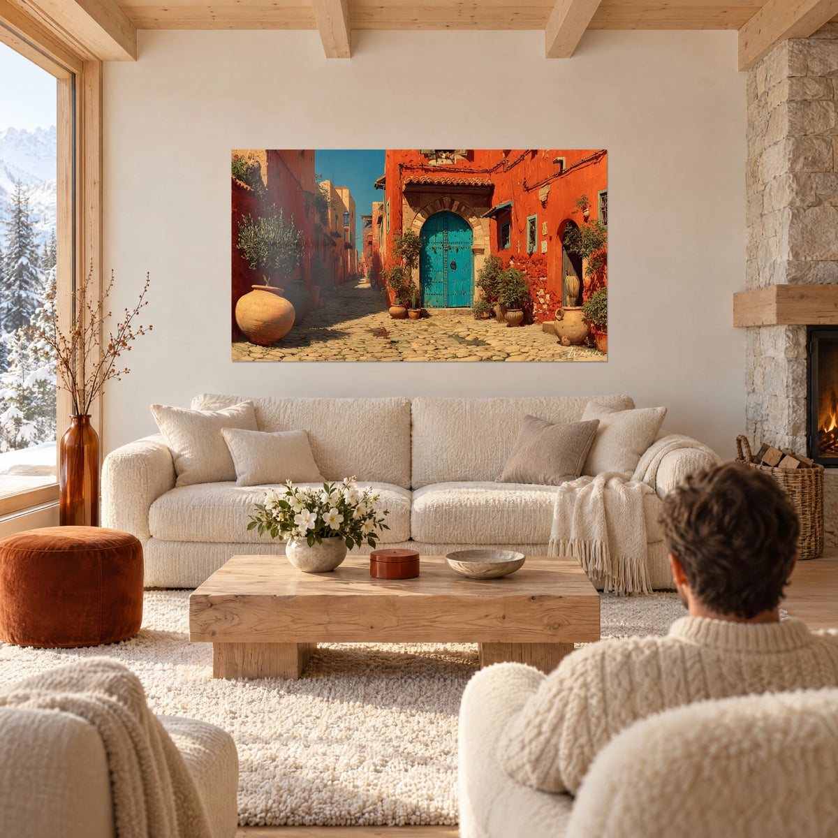 Tableau ruelle pavée aux murs orange brûlé et porte bleu turquoise, grandes jarres en terre cuite, au-dessus d'un canapé dans un salon lumineux