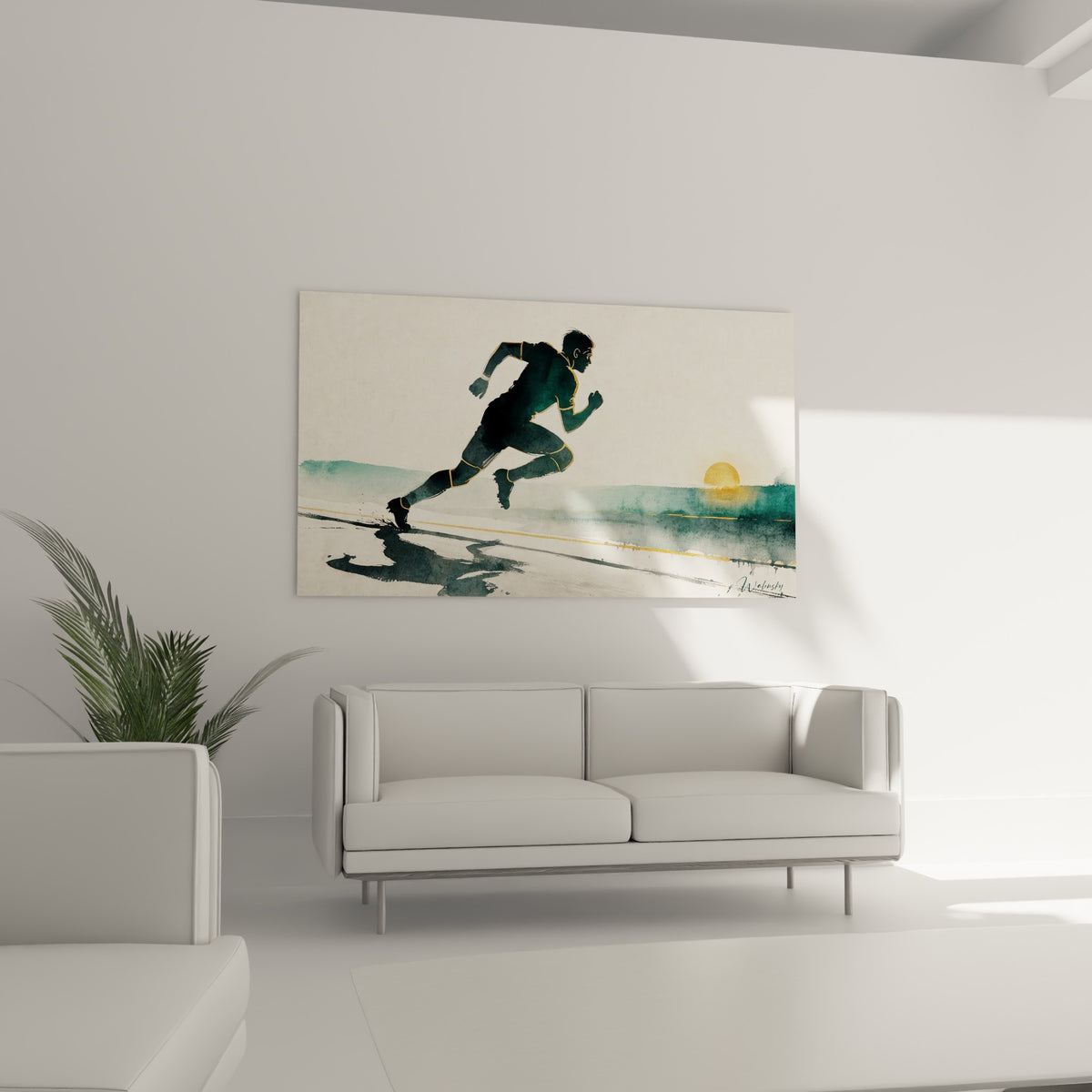 Athlète de rugby doré et vert en plein effort, au-dessus d'un canapé dans un salon lumineux