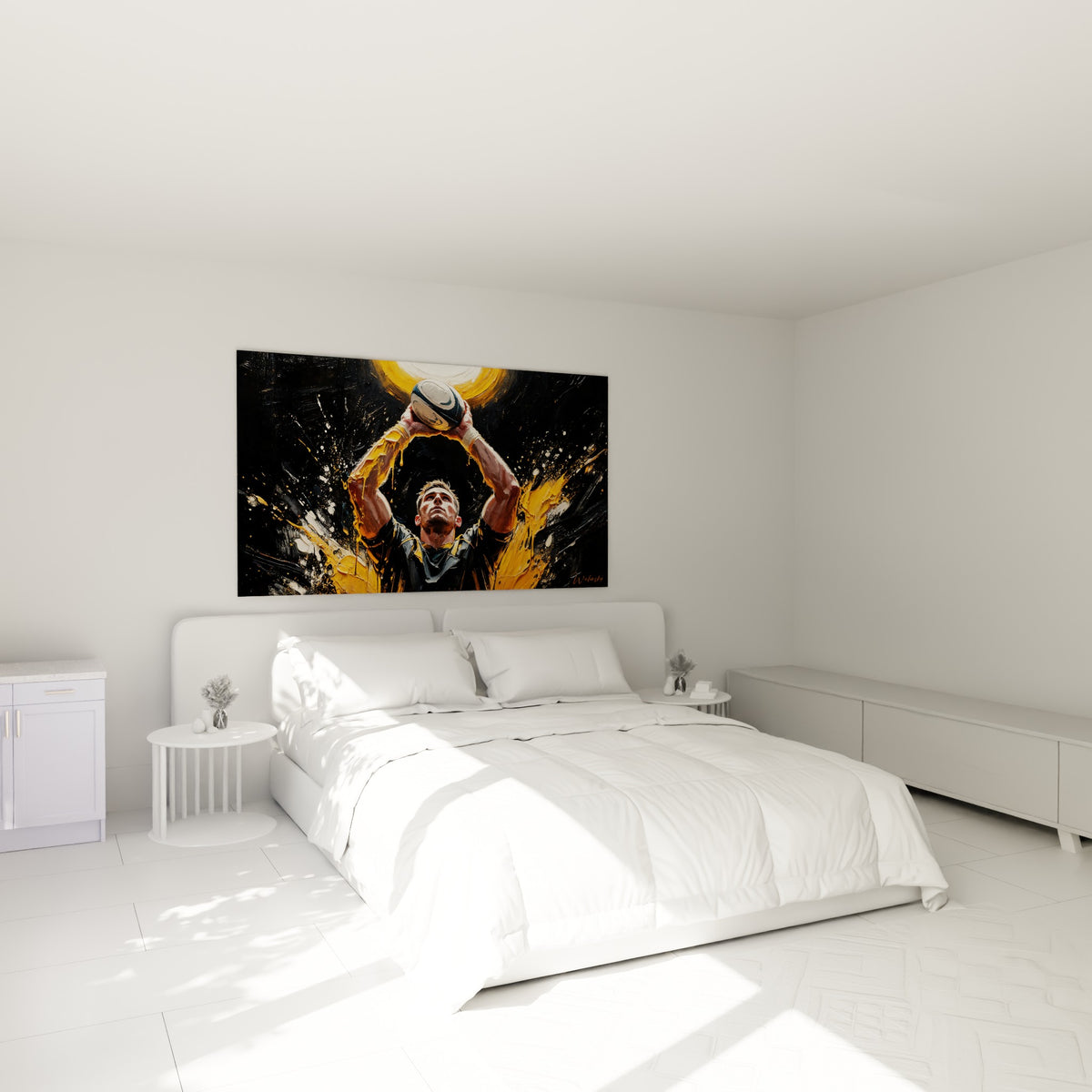 Sportif saisissant le ballon dans un jaillissement doré et noir, au-dessus d'un lit dans une chambre claire