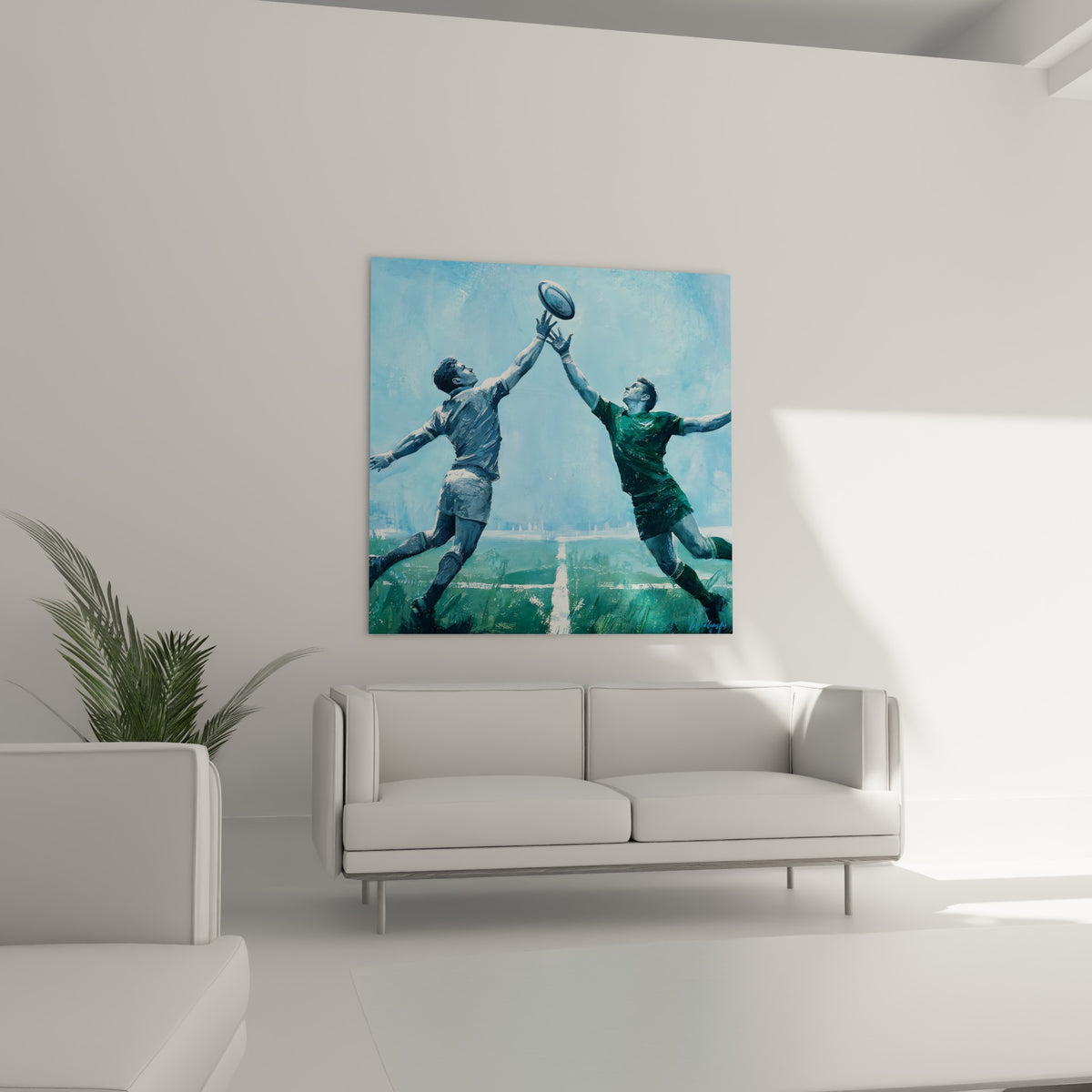 Silhouettes sportives bleu pâle et vert émeraude en plein élan, au-dessus d'un canapé dans un salon lumineux