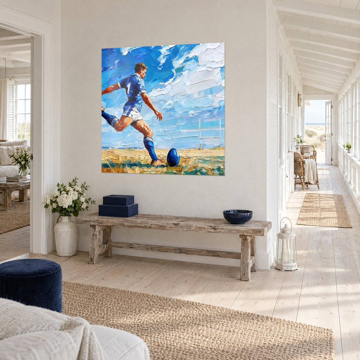 Tableau buteur lancé vers un ballon ovale bleu nuit, pâte ocre et turquoise, vu de trois quarts dans un couloir vers la mer