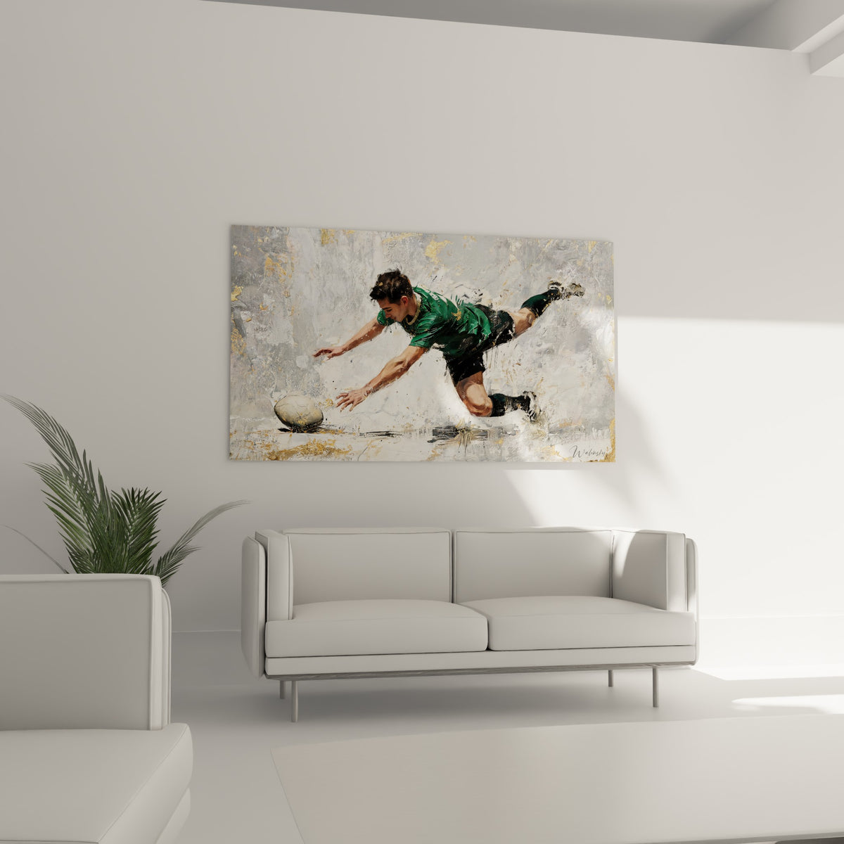 Sportif en extension vers un ballon ovale, tons gris anthracite et dorés, au-dessus d'un canapé dans un salon lumineux