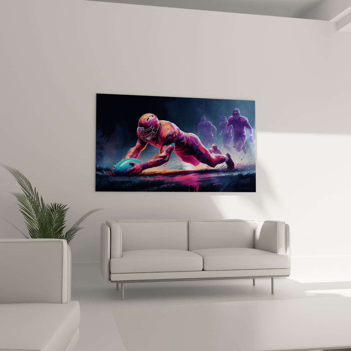 Sportif aux teintes fuchsia et bleu anthracite saisi en pleine plongée, installé au-dessus d'un canapé dans un salon lumineux