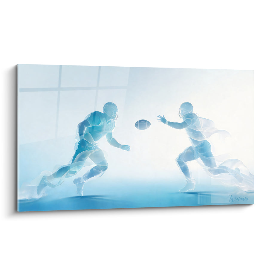 Tableau Joueurs translucides bleu et blanc échangeant un ballon - Silhouettes de vapeur - Edition Rugby