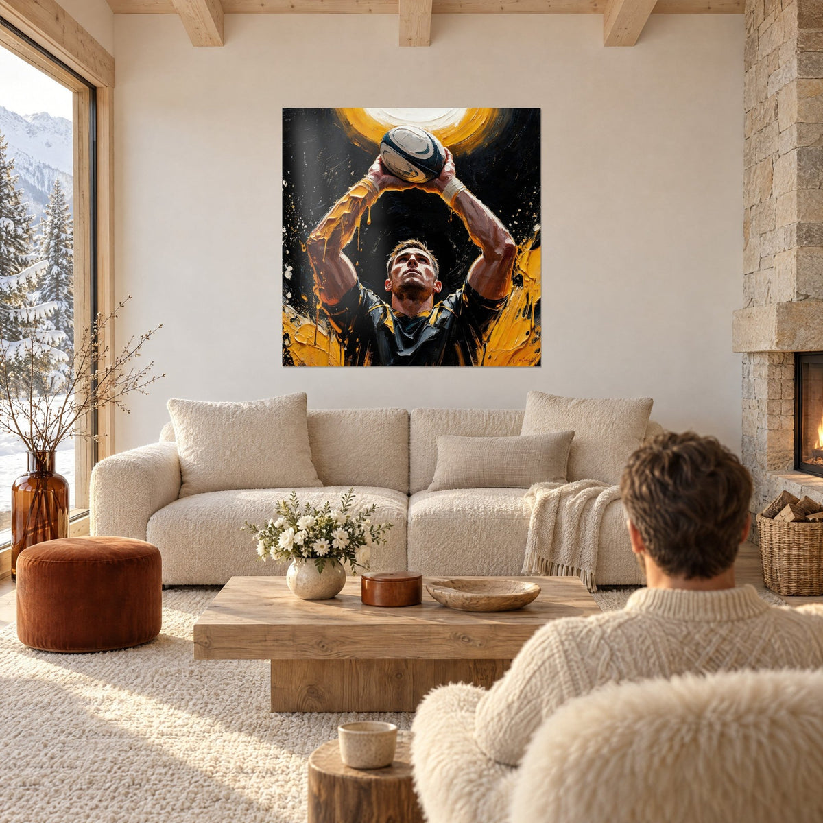 Quadro giocatore di rugby che solleva la palla, maglia nera e gialla schizzata di colore, sopra un divano in un soggiorno luminoso