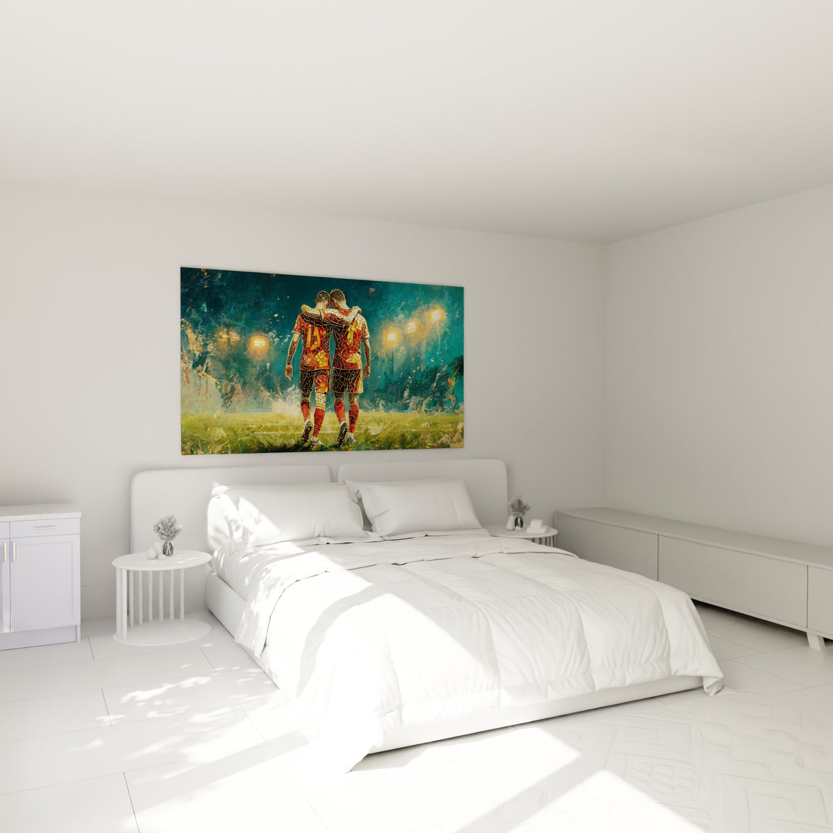 Joueurs mosaïqués rouge et or marchant ensemble, tableau au-dessus d'un lit dans une chambre claire