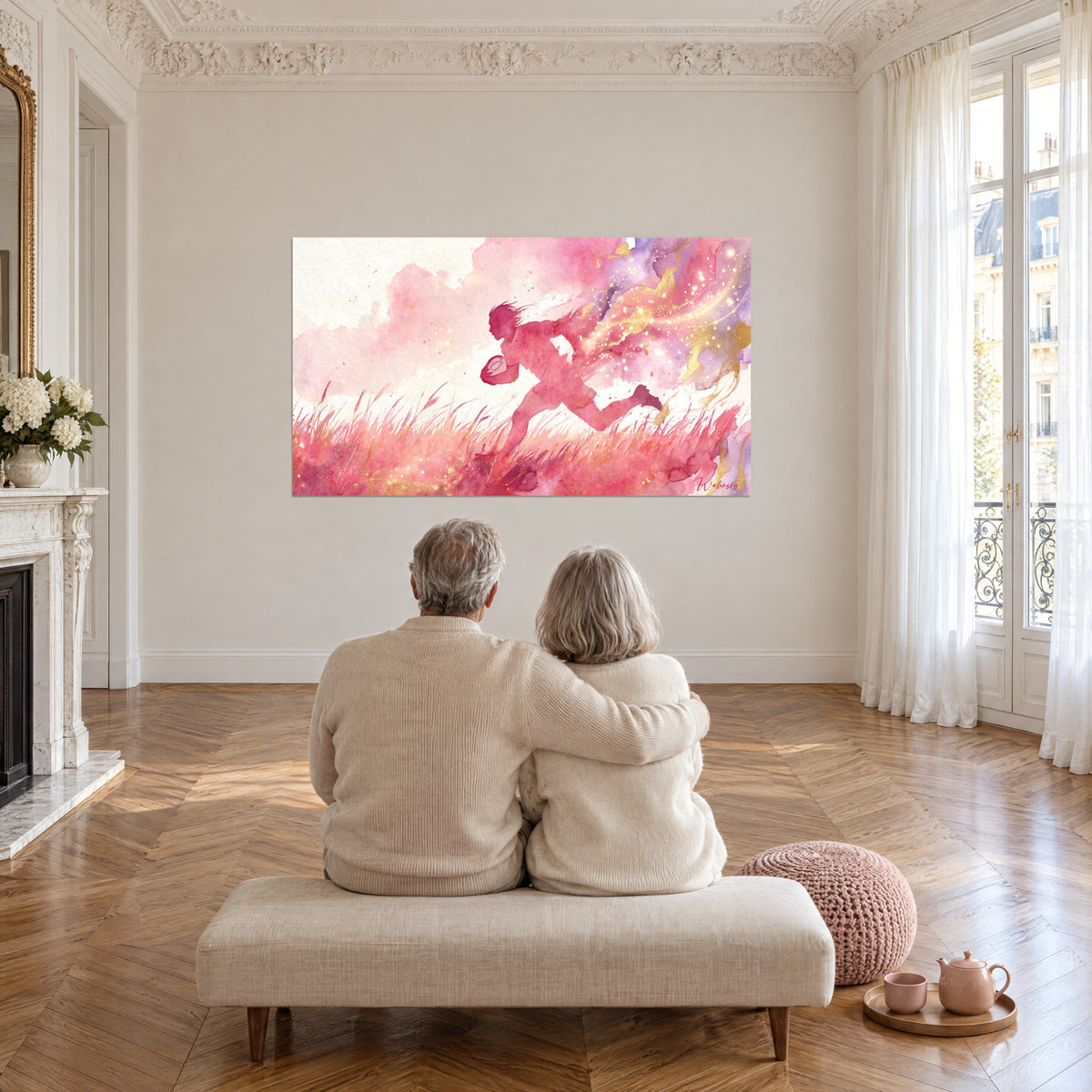 Tableau sportif en pleine course dans les herbes roses, éclats d'or et brume mauve, admiré par un couple assis sur un banc