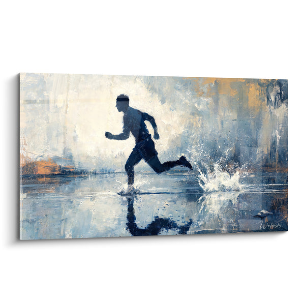 Tableau Coureur bleu marine sur eau ocre - Élan matinal - Edition Rugby