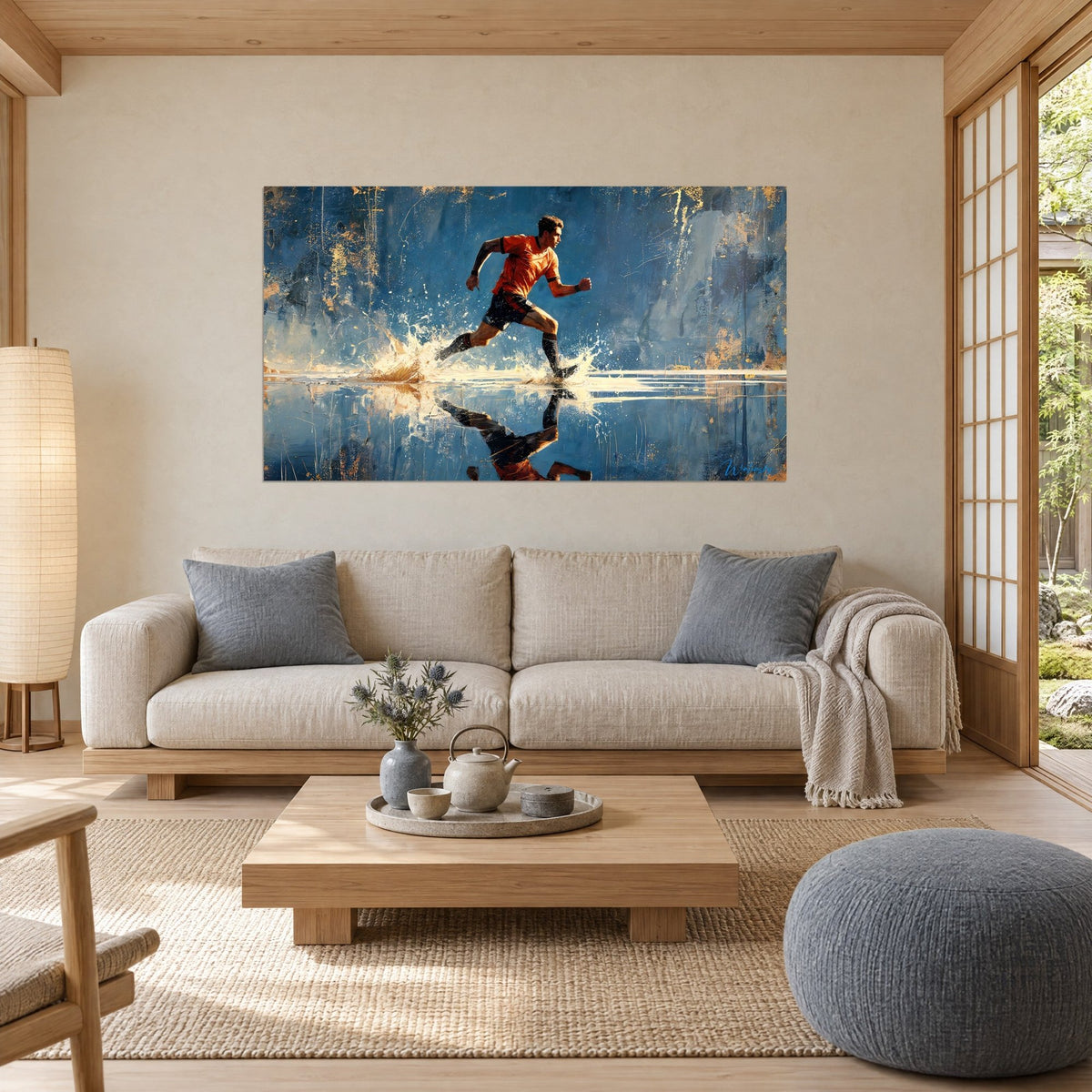 Cuadro de un jugador con camiseta naranja pisando un charco, salpicaduras crema sobre fondo azul y dorado, encima de un sofá en un salón luminoso