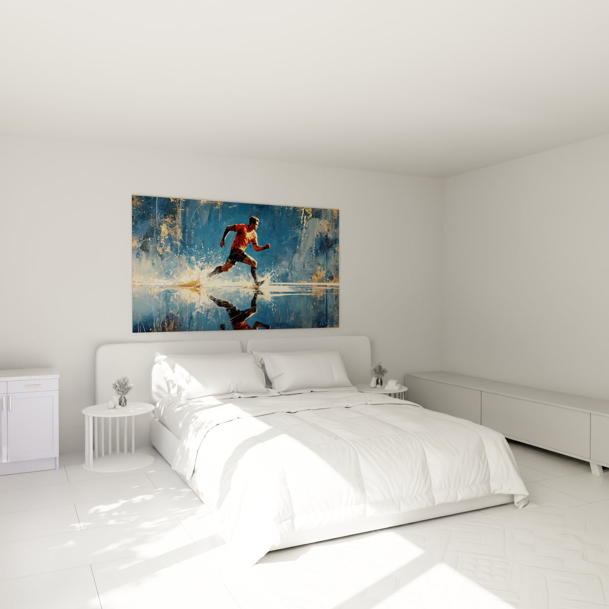 Sportif en action, contrastes orange et bleu marine, au-dessus d'un lit dans une chambre claire
