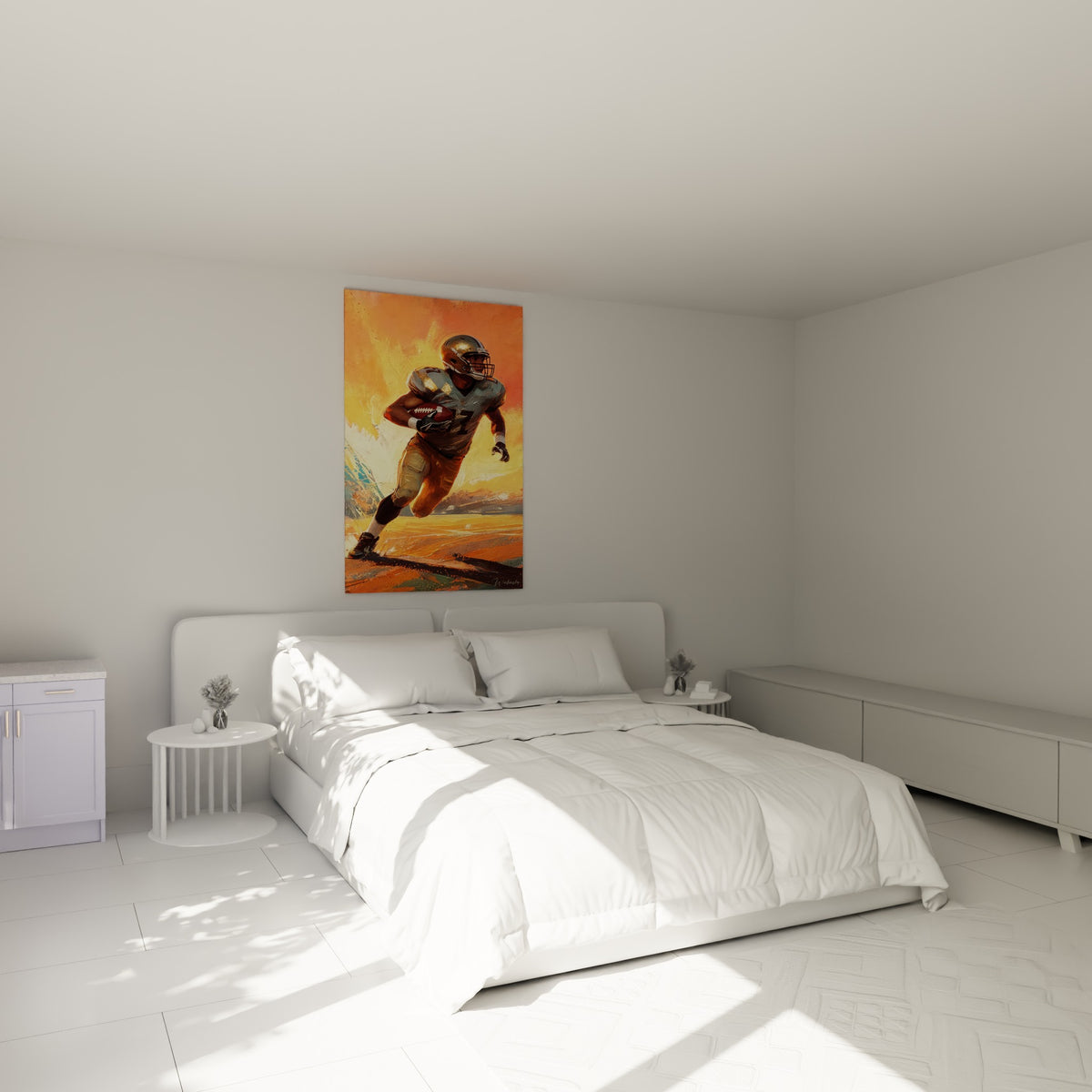 Sportif en pleine foulée, tons orange et dorés, ballon serré, au-dessus d'un lit dans une chambre claire