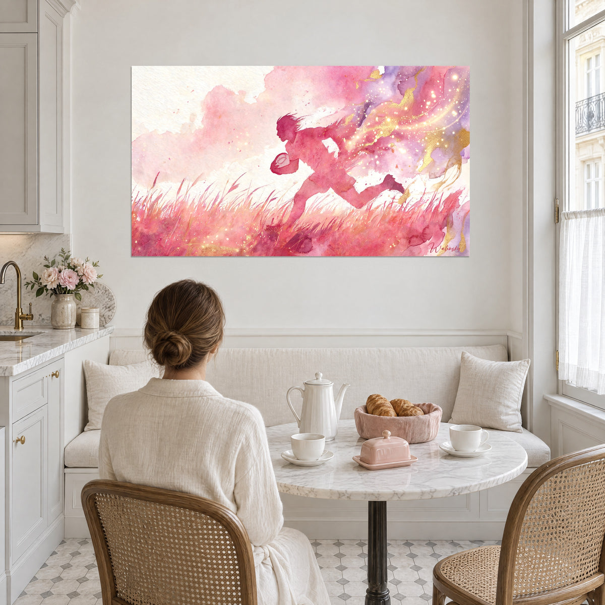 Tableau plaqueur lancé à toute vitesse dans l'herbe fuchsia, fumée violette et or, face à une femme attablée dans une cuisine