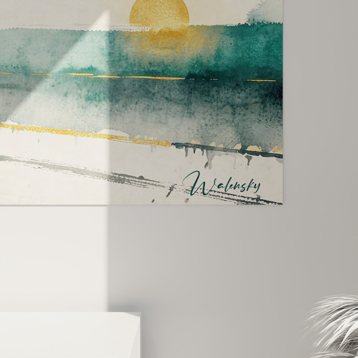 Détail des coulures aquarelle anthracite et dorées formant l'ombre portée du coureur de rugby