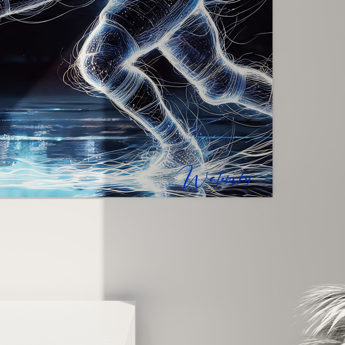 Détail des filaments lumineux blanc et bleu électrique révélant la texture graphique du ballon de rugby
