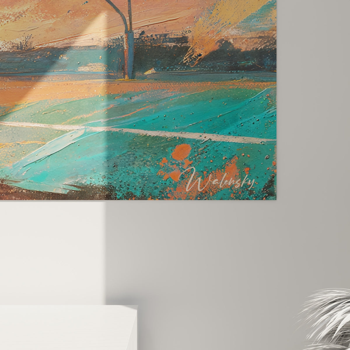 Détail des empâtements orangés et turquoise autour du casque doré et du ballon serré