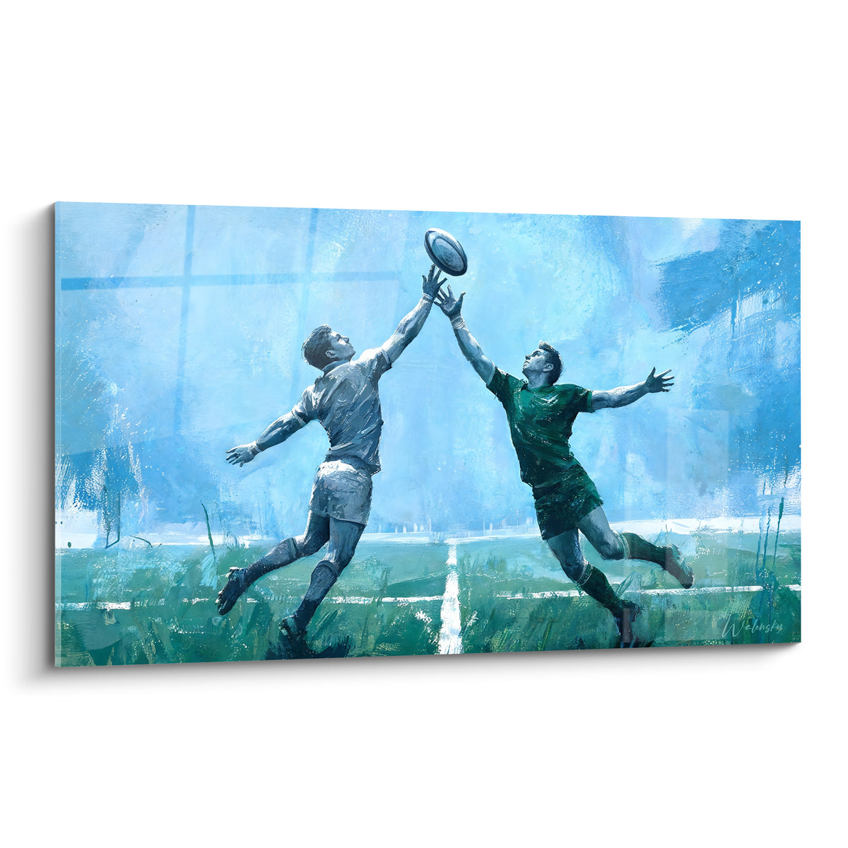 Duel de rugby entre maillot gris clair et vert sauge sous un ciel bleu pastel expressif