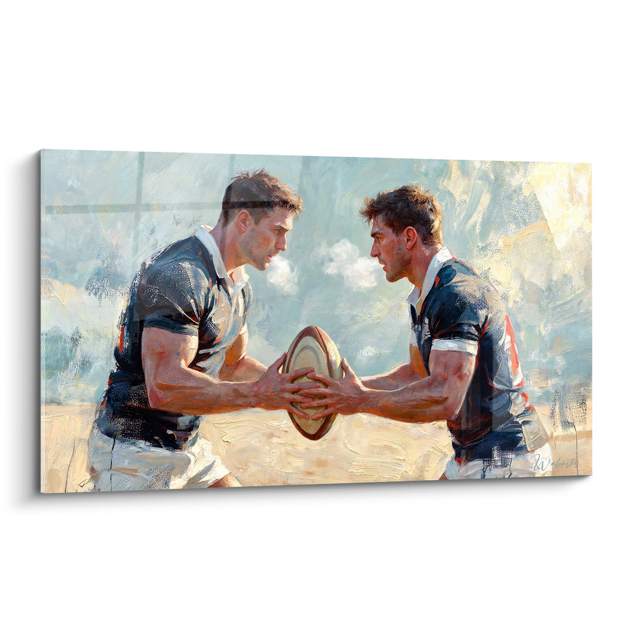 Tableau Joueurs bleu marine et beige au ballon - Duel pour la balle - Edition Rugby