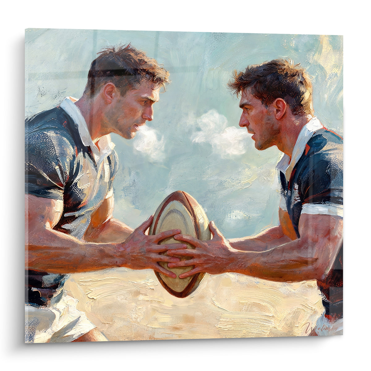 Deux joueurs de rugby en maillots bleu marine et blanc se disputant un ballon ocre, style peint texturé