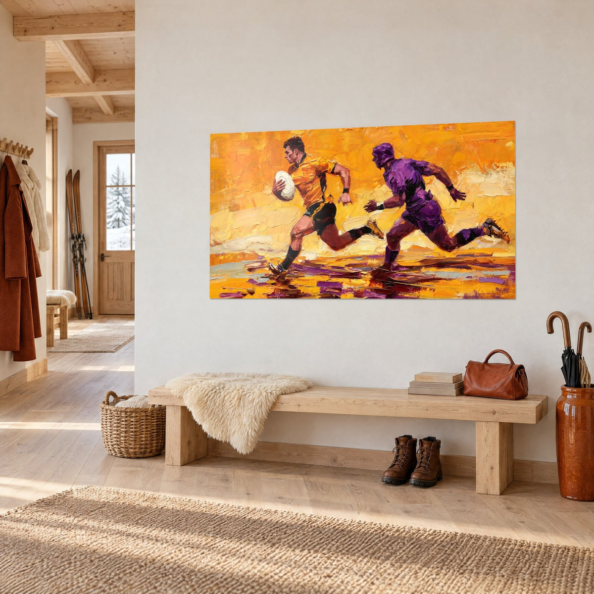 Tableau échappée de deux joueurs en jaune doré et violet profond, empâtements à la spatule, sur un mur de chalet