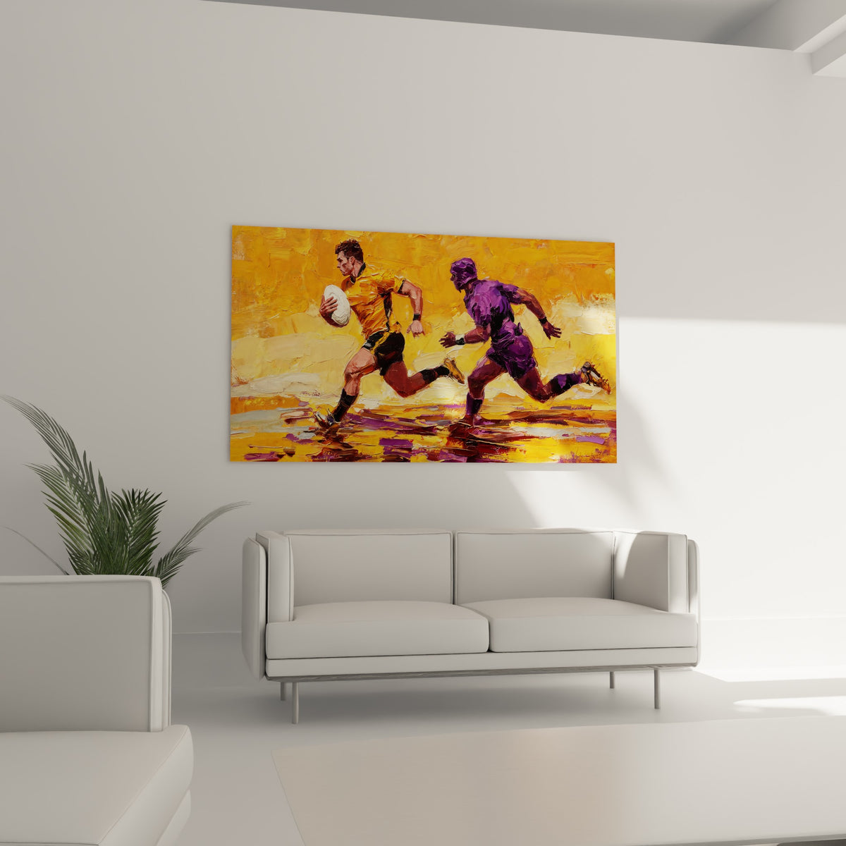 Duel de rugby ocre et prune saisi en mouvement, au-dessus d'un canapé dans un salon lumineux