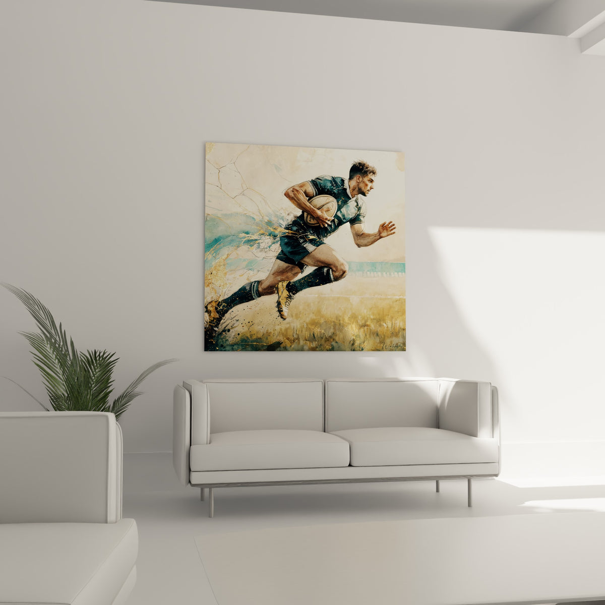 Sportif lancé dans un élan doré et bleu turquoise, ballon ovale contre le torse, au-dessus d'un canapé dans un salon lumineux
