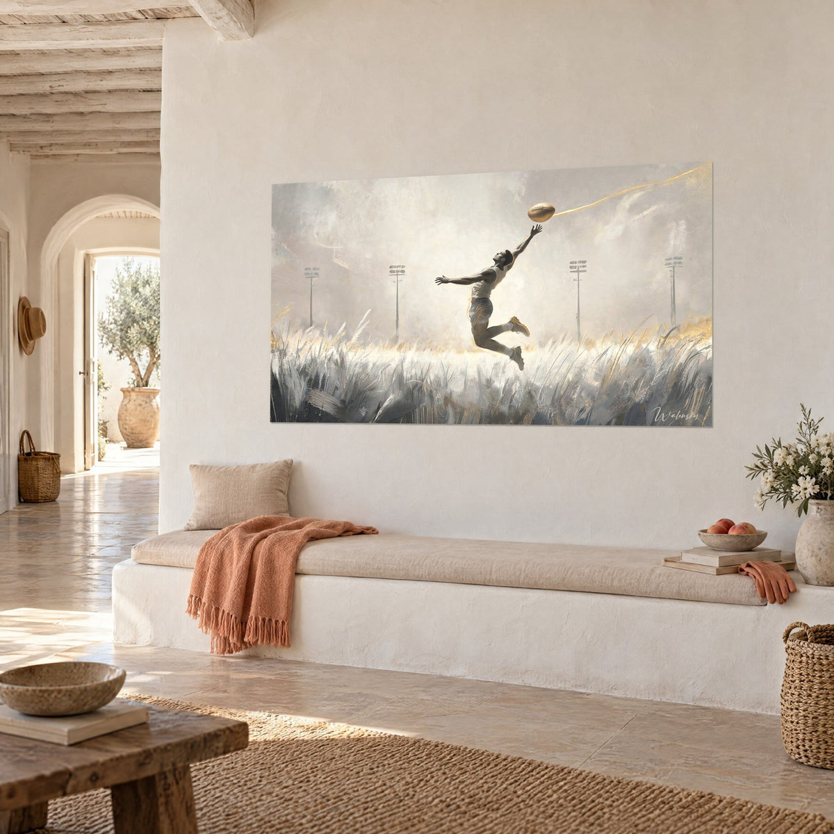 Tableau athlète bondissant en maillot blanc cassé, ballon ocre suspendu, pylônes d'éclairage dans la brume grise, banquette claire en vue de trois-quarts