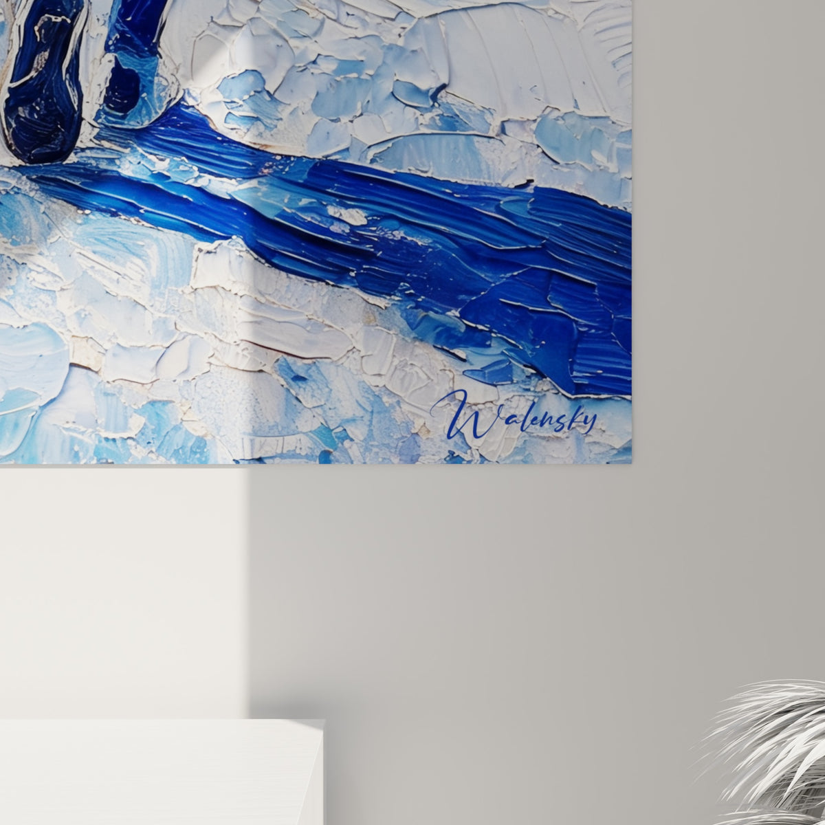 Empâtements bleu marine et blanc cassé se mêlant en coulures épaisses sur le maillot du joueur