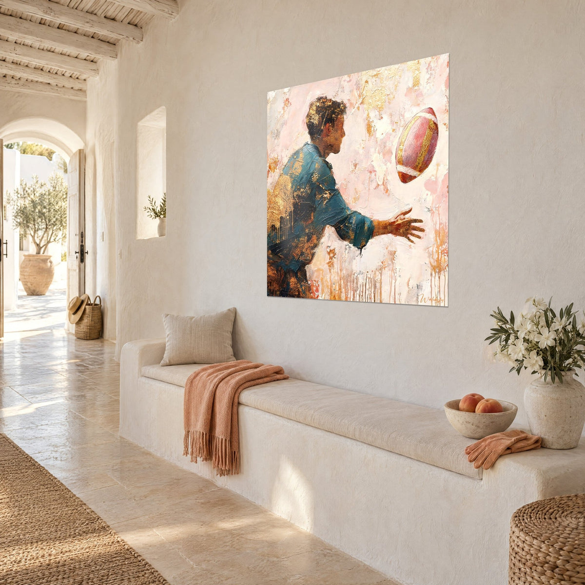 Wall art side-profile player throwing a rose and gold oval ball, ochre drips on cream background, stone bench of a Mediterranean house